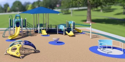 Rendering of Everyone’s Playground at Kitty Hawk Elementary School, showing an inclusive playground with accessible play structures, swings, slides, climbing features, and pathways designed for children of all abilities.